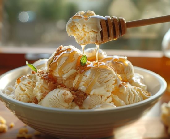 try pouring honey sauce on cottage cheese ice cream for a delightful mix of sweet and savory flavors, perfect for satisfying dessert cravings